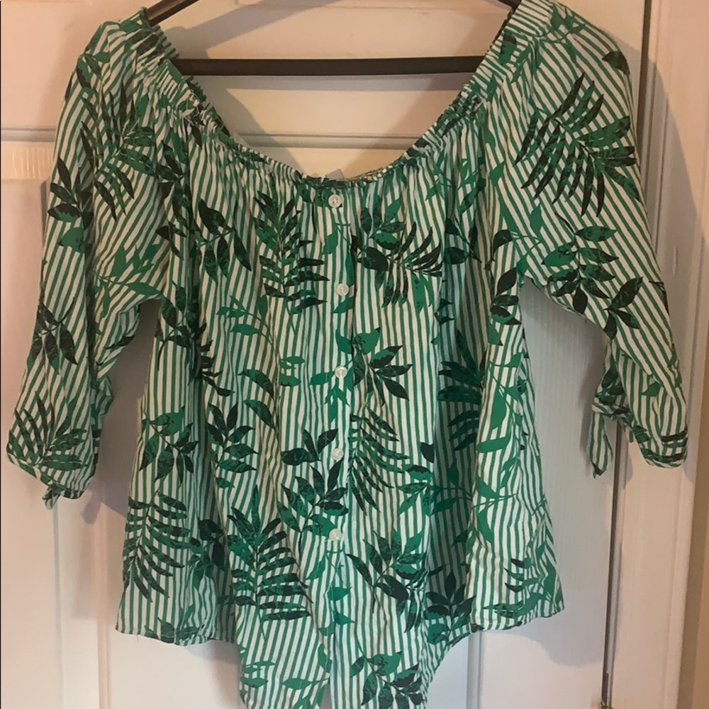 Off the Shoulder Green Leaf Print Top